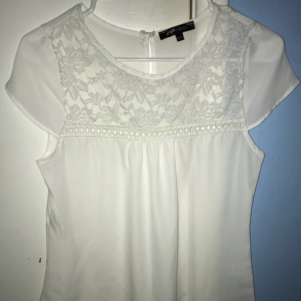 small white blouse with lacey upper chest